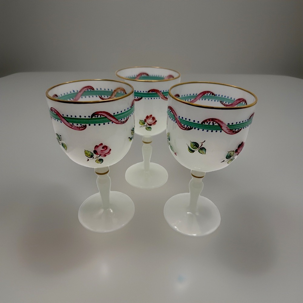 Antique Set 3 French Opine Painted Glass Wine Glass Circa 1900